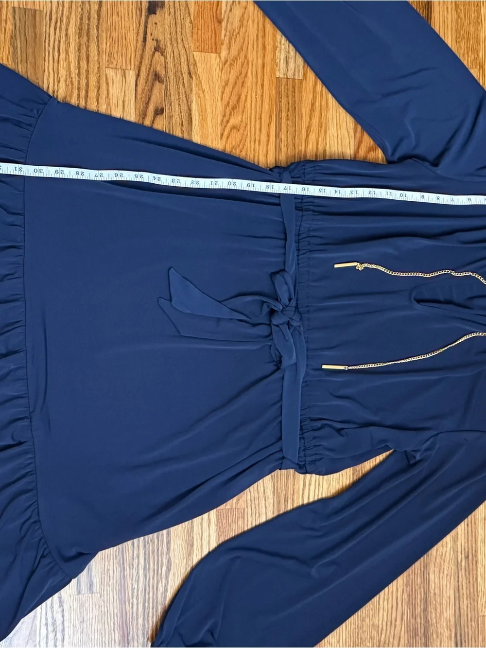 Michael Kors Navy Long-Sleeve Ruffle-Hem Dress with Tie Waist and Gold Accents